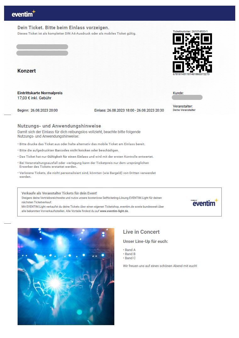 Passe das PDF-Ticketlayout an dein Design und Wünsche an. Füge ein Bild sowie eigene Texte hinzu. Zum Beispiel eine Wegbschreibung zur Eventlocation oder Infos zum Programm.