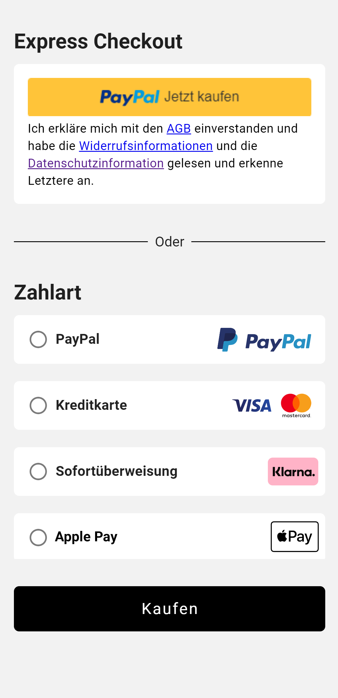 Einfacher und schneller Checkout für deine Ticketkäufer mit den Bezahlarten Paypal, Kreditkarte, Klarna, Apple Pay und Google Pay
