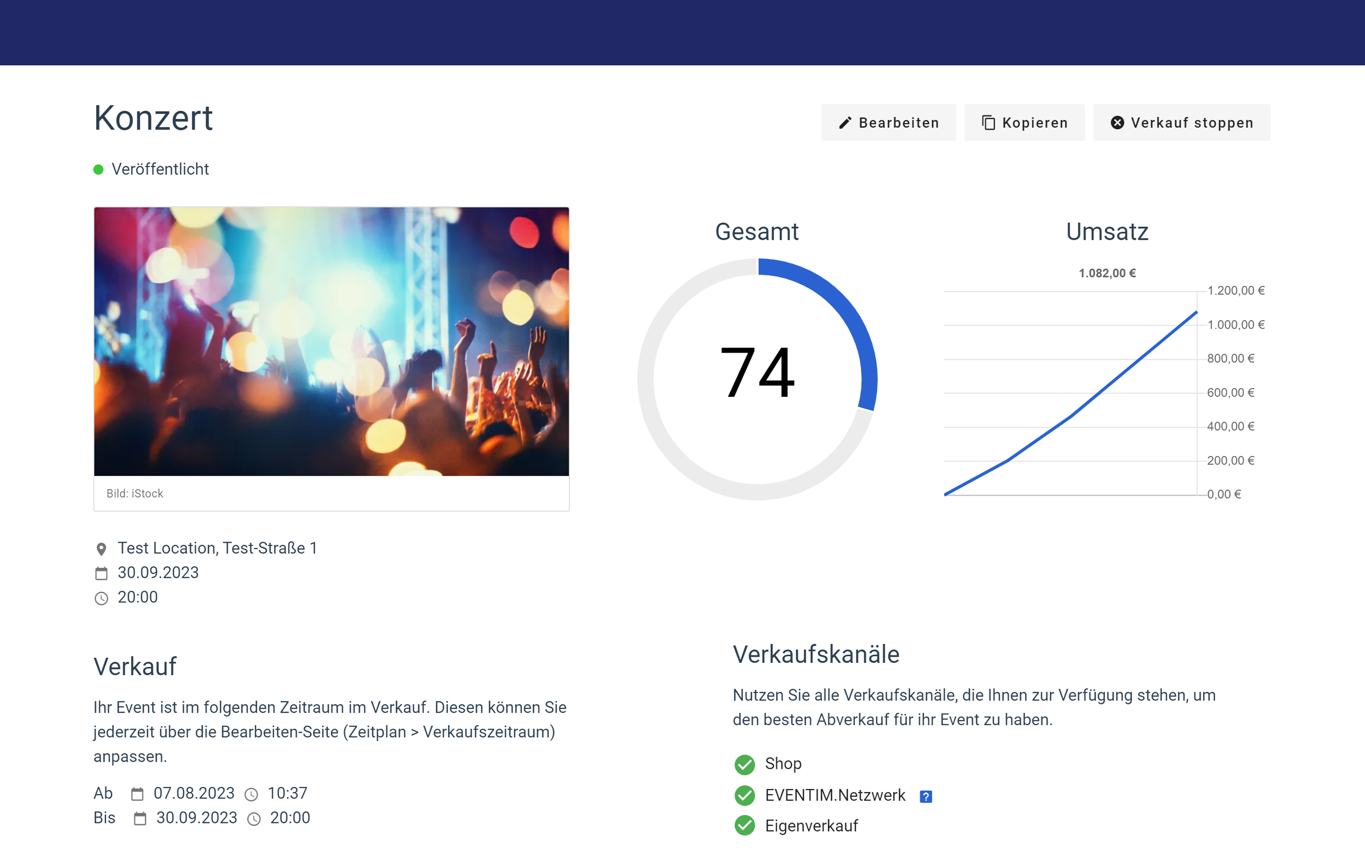 Eventübersicht mit der Anzahl verkauften Tickets und dem generierten Umsatz